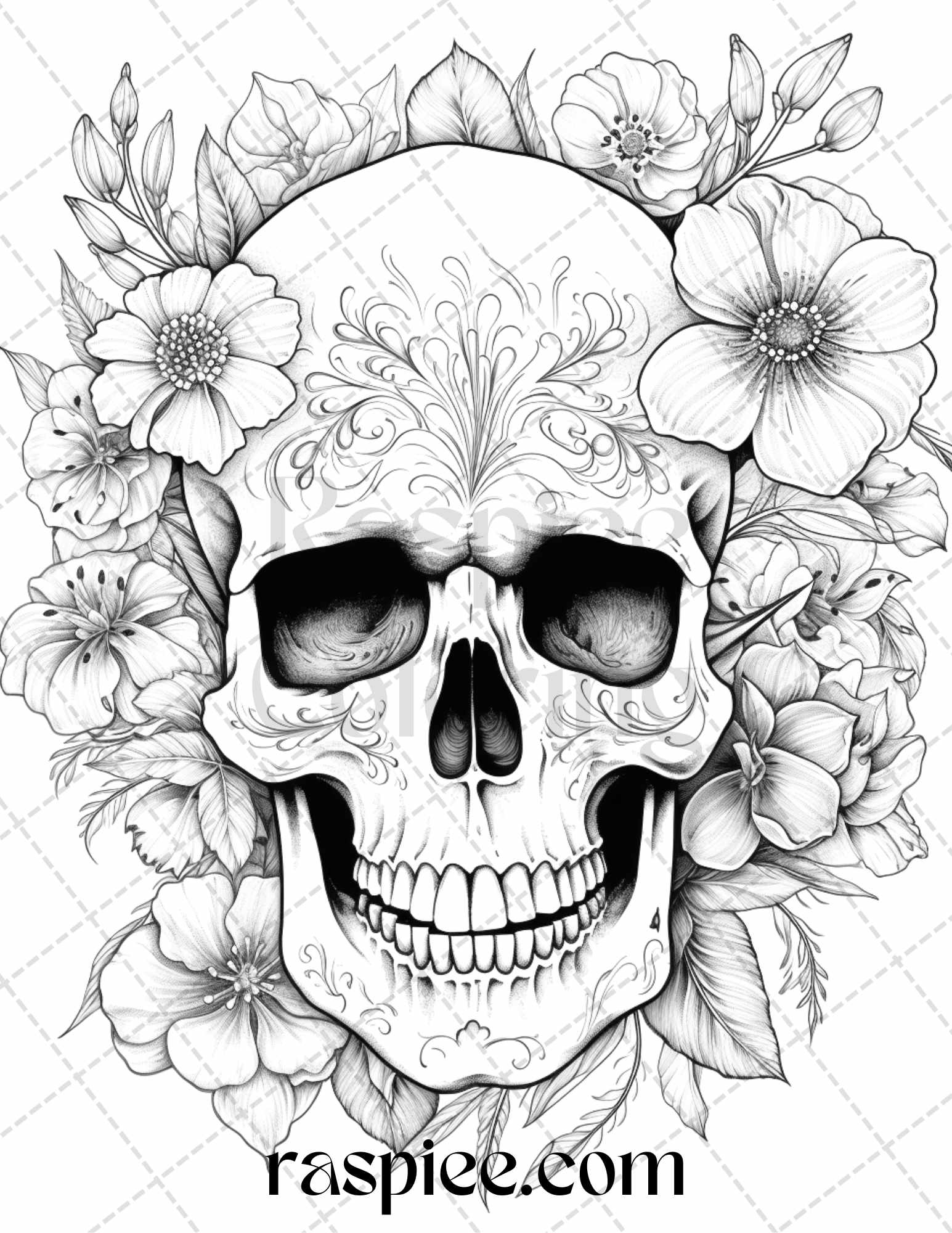 Floral skull grayscale coloring pages for adults stress relief col â coloring