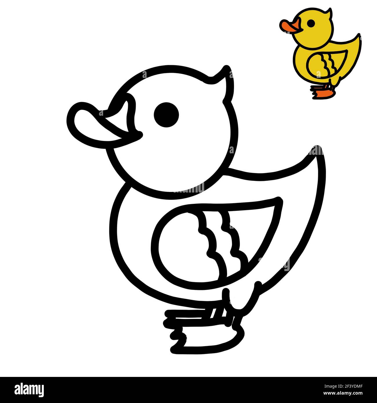 A coloring page for kids with a thick outline and a sample of how to color a chick stock photo