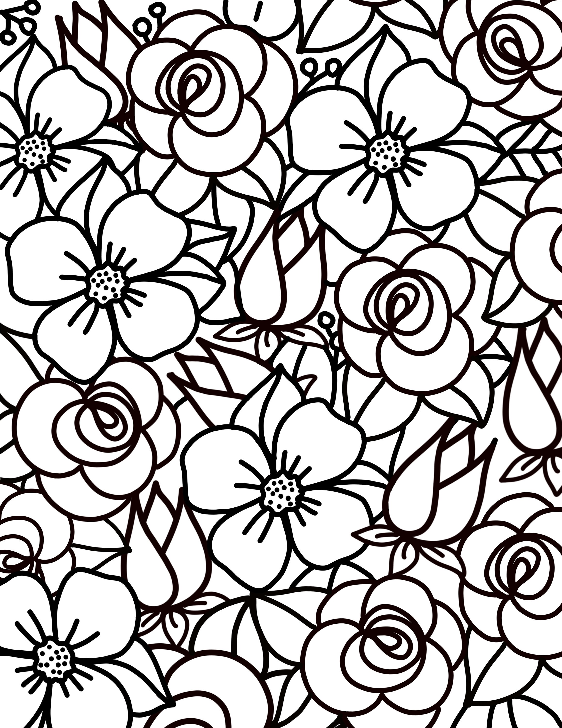 Easy floral flowers digital download png coloring page crafting gift wrap stress relief simple kids adults seniors elderly classroom groups