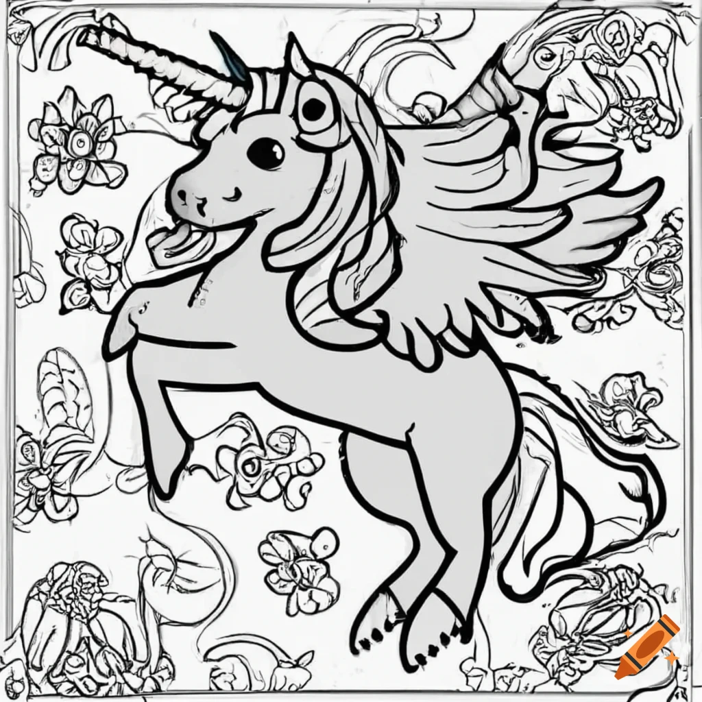 Create coloring pages of fun unicorns with thick lines on