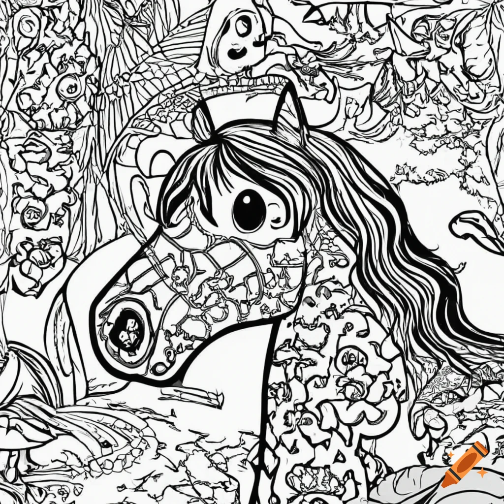 Colouring page for kids horse in jungle thick lines no shading cartoon style on