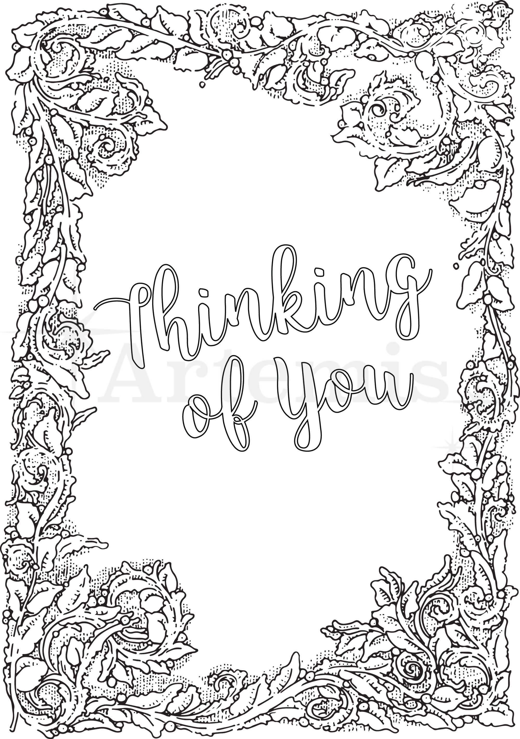 Printable coloring thinking of you card make your own cards at home instant download diy card floral border design instant download