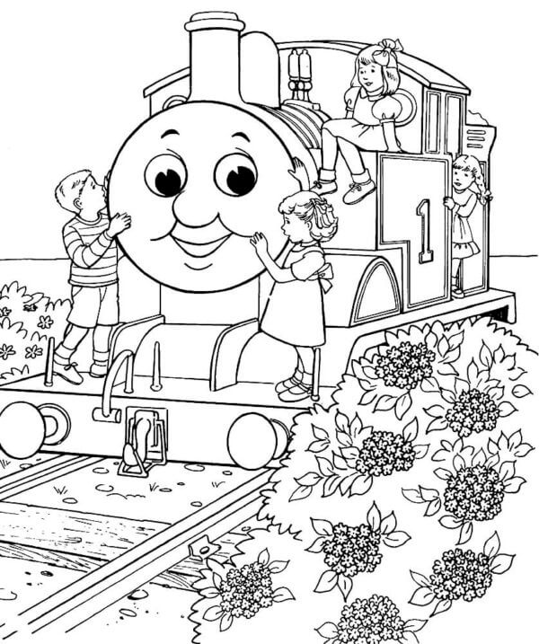Children ride a little train coloring page