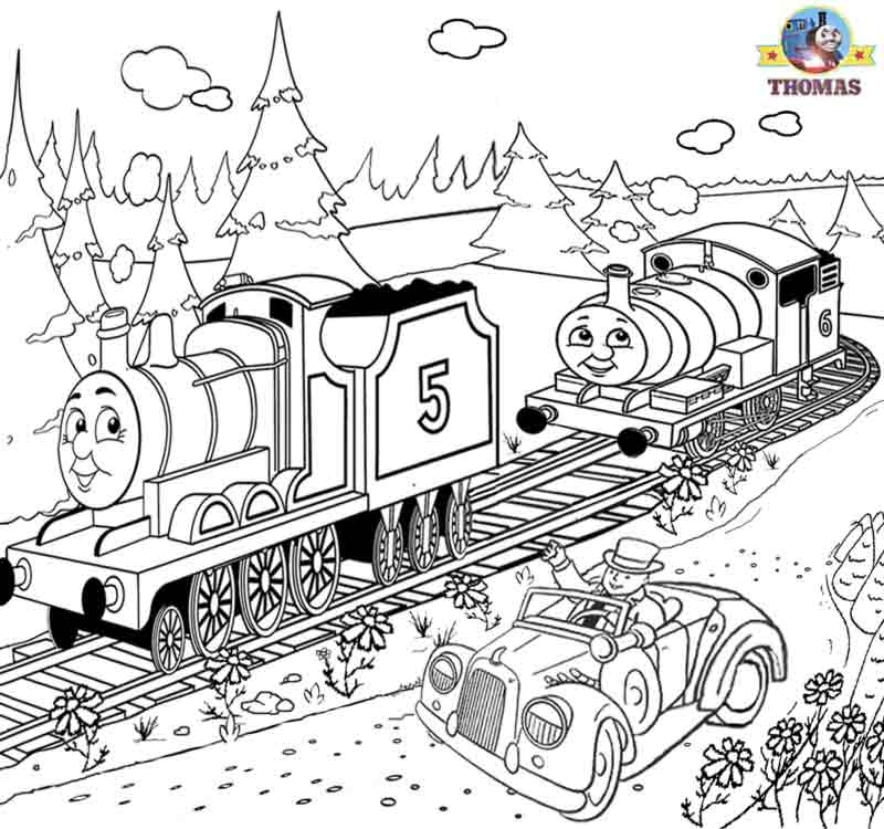 Two trains with car coloring page