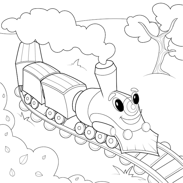 Premium vector cheerful train with a face rides on the rails in the field childrens coloring black lines