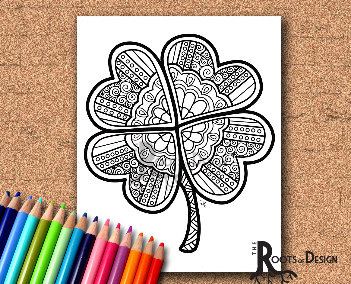 Instant download coloring page four leaf clover shamrock print zentangle inspired doodle art printable