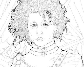 Digital download edward sciscorhands coloring page downloadable halloween coloring for adults tim burton movie printable coloring page