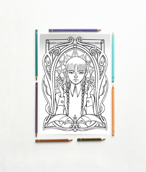 Coloring page pdf wednesday addams portrait tim burton wednesday instant download pdf