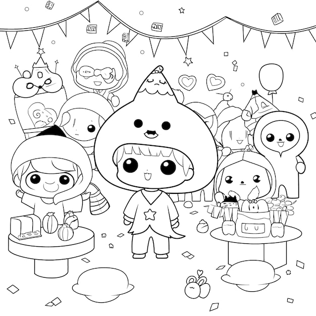 Premium vector halloween party for kids black and white coloring page for kids and adults line art simple cartoon style happy cute and funny