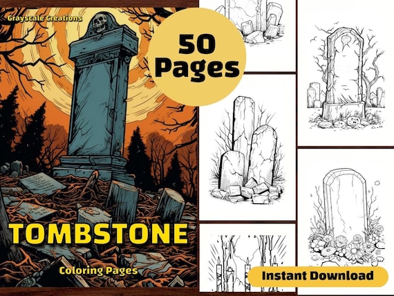 Tombstone coloring page book halloween graveyard cemetery printable pdf sheets instant download grayscale coloring adults kids