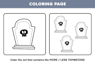 Premium vector education game for children coloring page more or less picture of cute cartoon tombstone line art set halloween printable worksheet