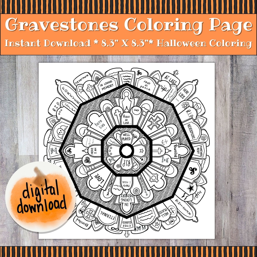 Coloring page gravestones instant download halloween coloring print at home gravestones tombstones