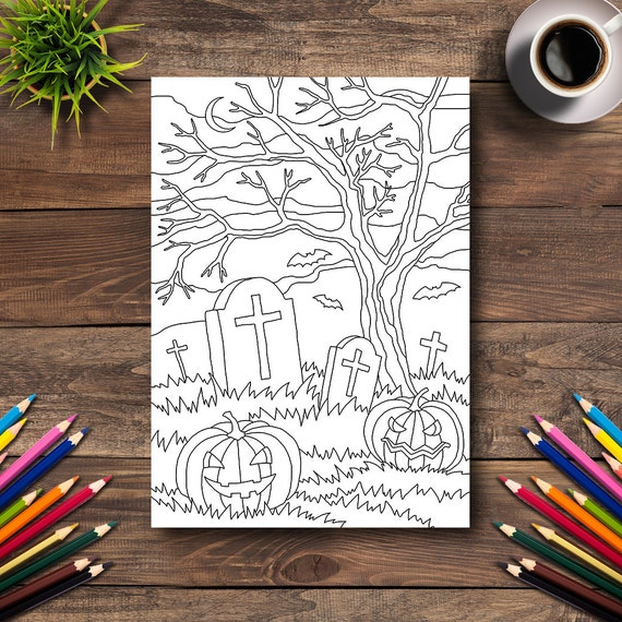 Halloween coloring page digital printable pdf illustration day of the dead art adult coloring book pumpkin gravestone tombstone