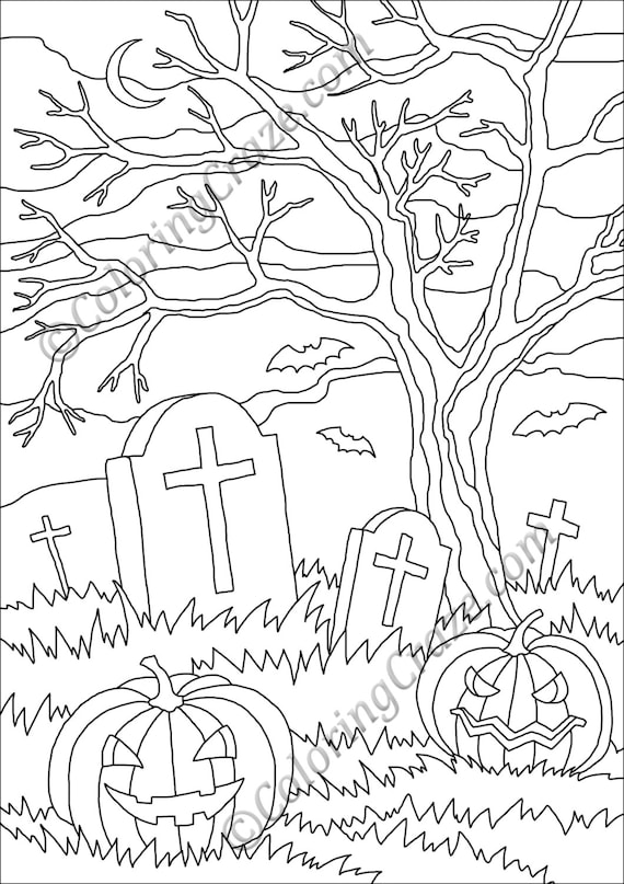 Halloween coloring page digital printable pdf illustration day of the dead art adult coloring book pumpkin gravestone tombstone