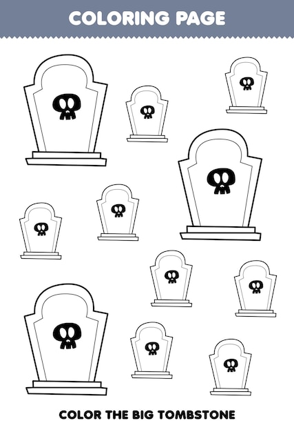 Premium vector education game for children coloring page big or small picture of cute cartoon tombstone line art halloween printable worksheet