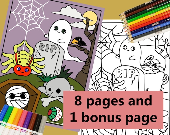 Halloween coloring pages for kids halloween party activity tombstone ghost spider mummy skull crow and full moon digital download