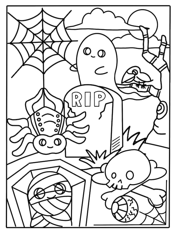 Halloween coloring pages for kids halloween party activity tombstone ghost spider mummy skull crow and full moon digital download
