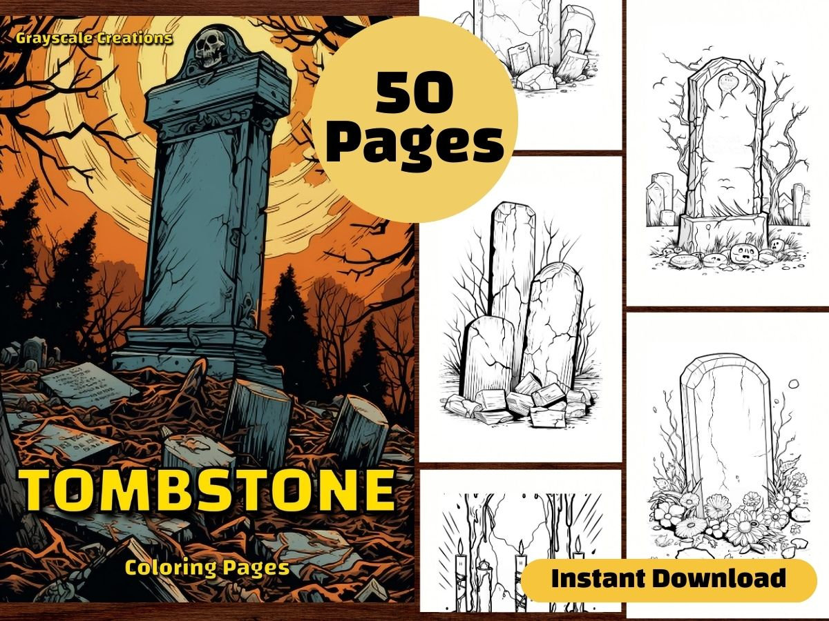 Tombstone coloring page book halloween graveyard cemetery printable pdf sheets instant download grayscale coloring adults kids