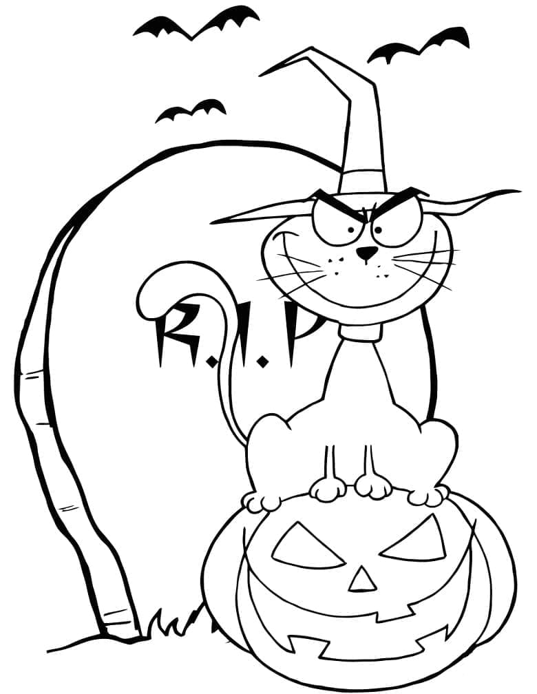 Halloween cat and tombstone coloring page