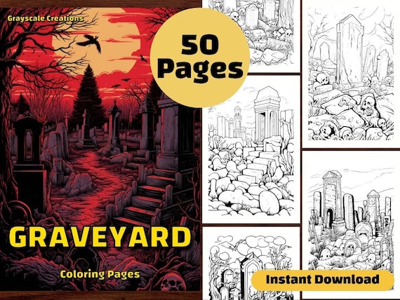 Graveyard coloring page book halloween tombstone cemetery printable pdf sheets instant download grayscale coloring adults kids