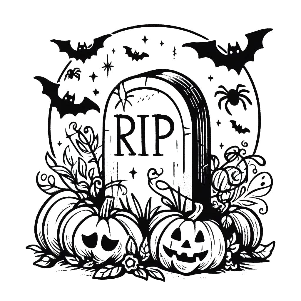 Tombstone with pumpkins and bats coloring page