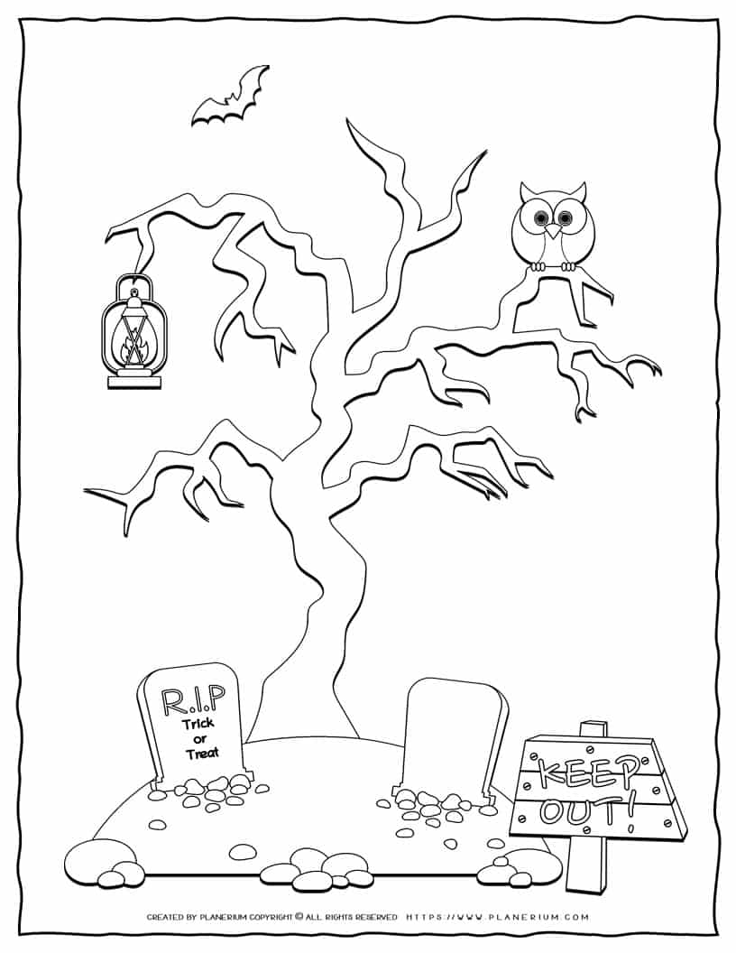 Hunted tree scene coloring page