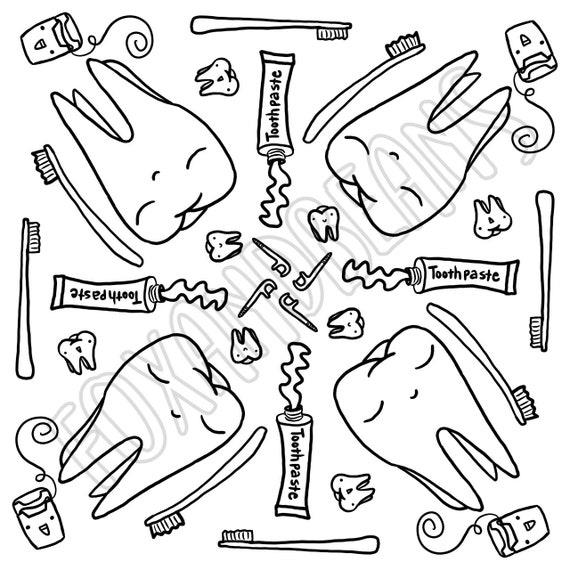 Sweet tooth printable coloring page dentist toothbrush digital file teeth cute kawaii adult coloring all ages