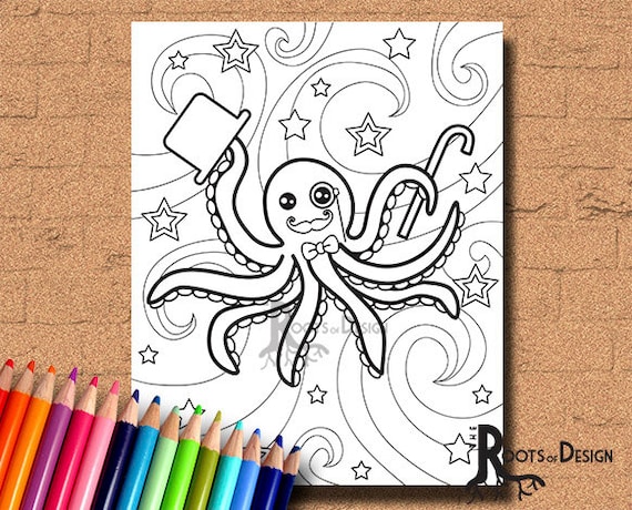 Instant download coloring page octopus with a top hat art coloring print doodle art printable