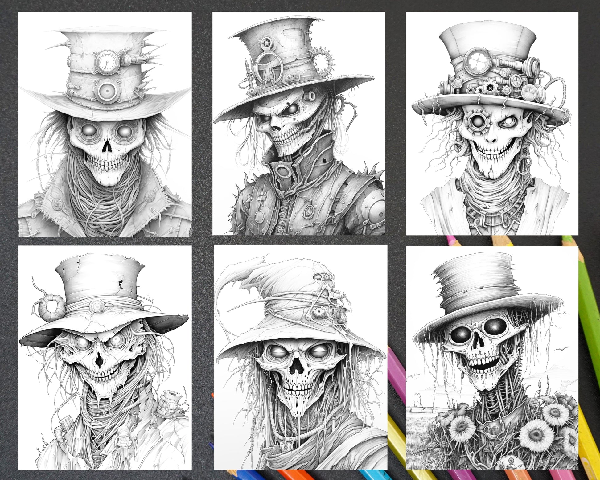 Scary steampunk scarecrows grayscale coloring pages printable for a â coloring