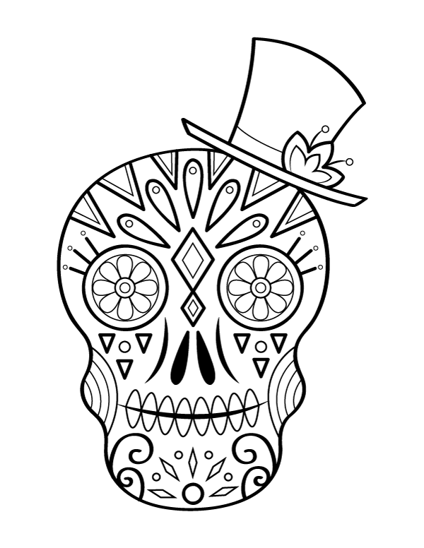 Printable sugar skull with top hat coloring page