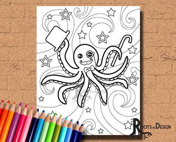 Instant download coloring page octopus with a top hat art coloring print doodle art printable