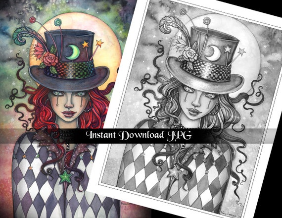 Mysterious witch top hat grayscale coloring page molly harrison printable instant download halloween coloring pages