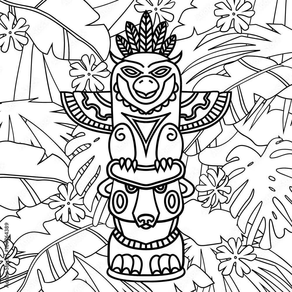 Doodle traditional tribal totem pole on plants background coloring book vector