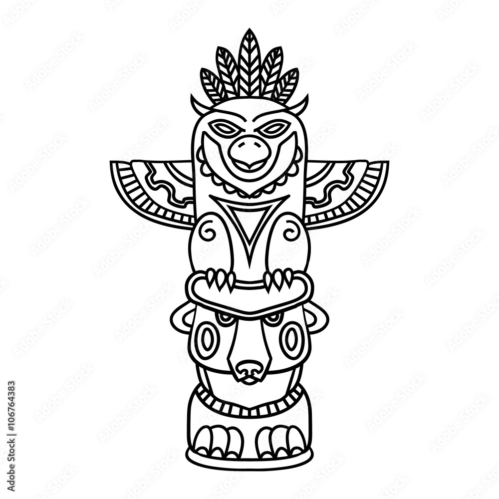 Doodle traditional tribal totem pole isolated on white background coloring book vector