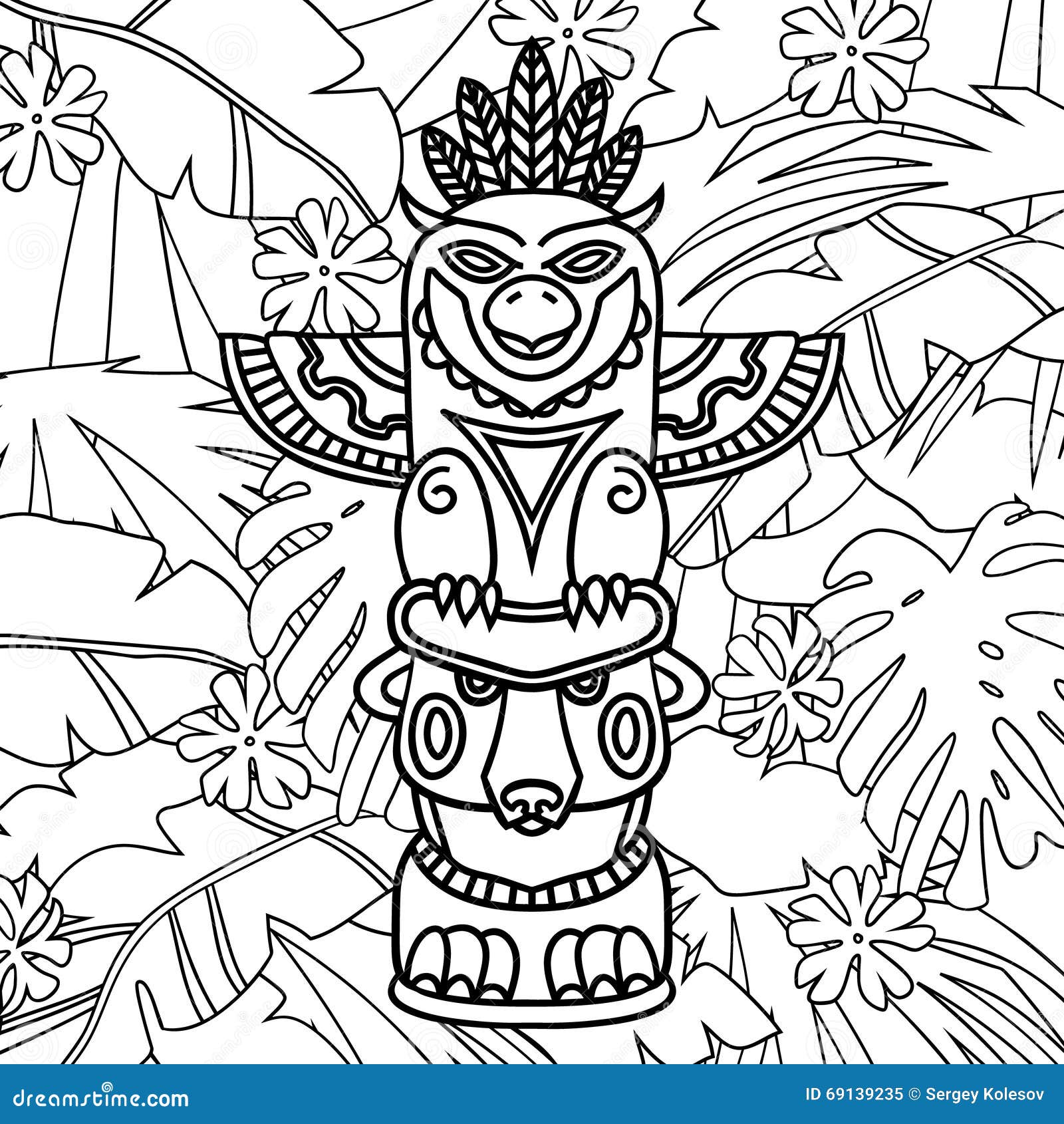 Doodle traditional tribal totem pole on plants background coloring book stock vector