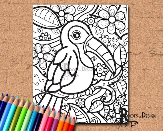 Instant download coloring page toucan art print zentangle inspired doodle art printable