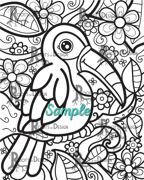 Instant download coloring page toucan art print zentangle inspired doodle art printable