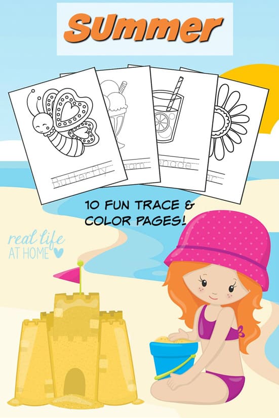 Summer coloring pages and word tracing printables