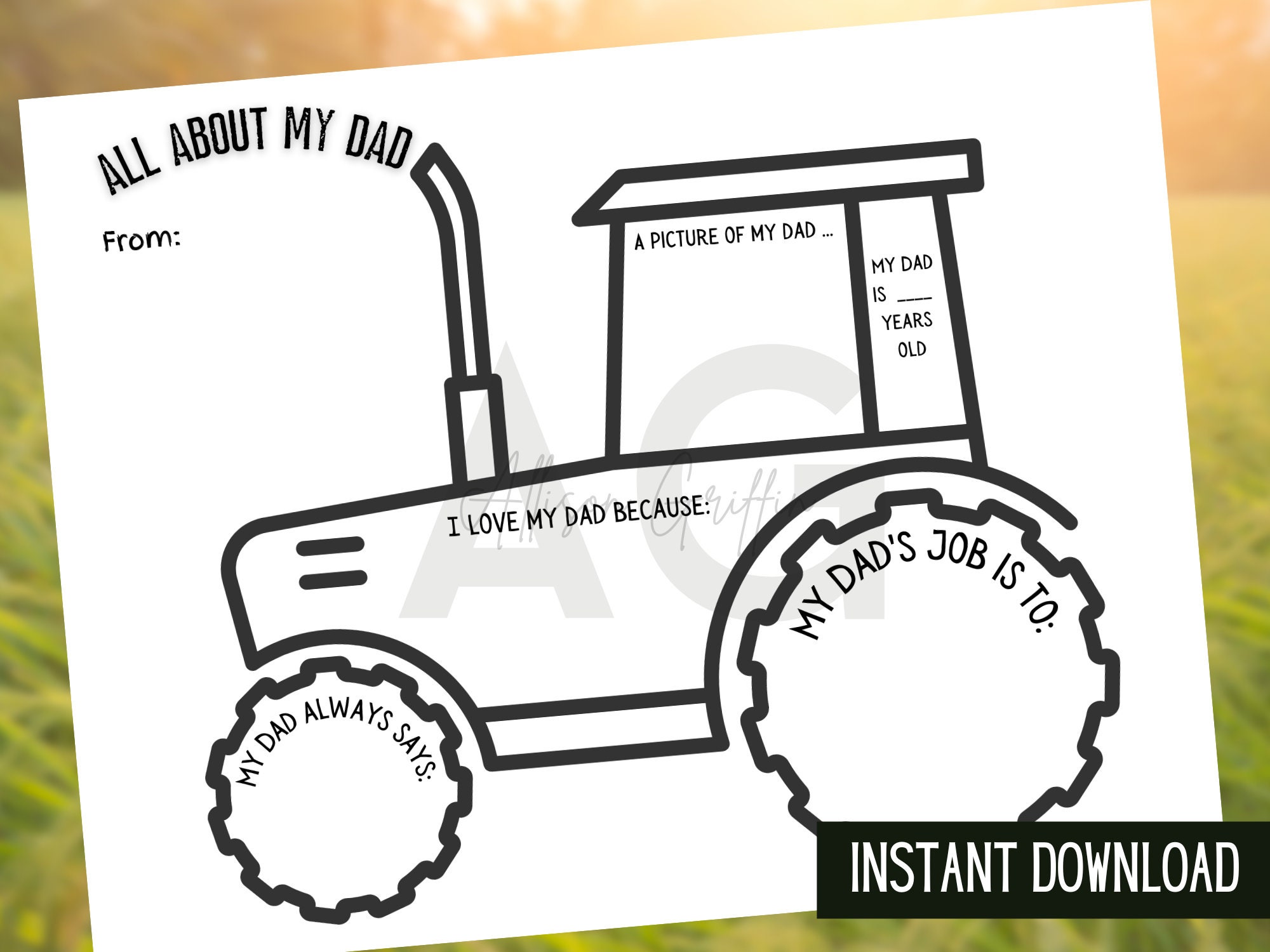 All about my dad tractor printable fathers day card coloring page