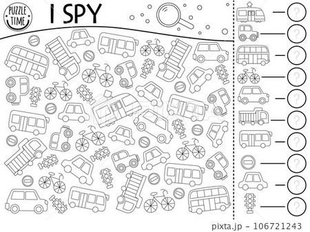 Transportation i spy black and white game for