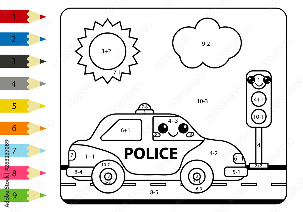 Mathematical coloring page for kids kawaii police car and traffic lights worksheet with addition and subtraction