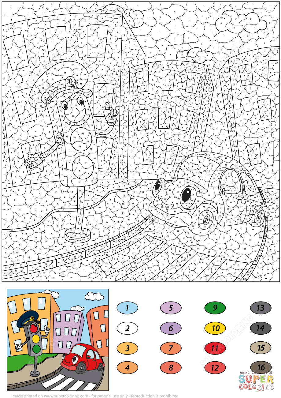 Traffic light and funny car color by number free printable coloring pages