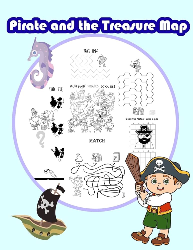 Pirate and the treasure map activity book for kids in pirate theme fun with coloring pages color by number count the number match the picture and more activity book for kids