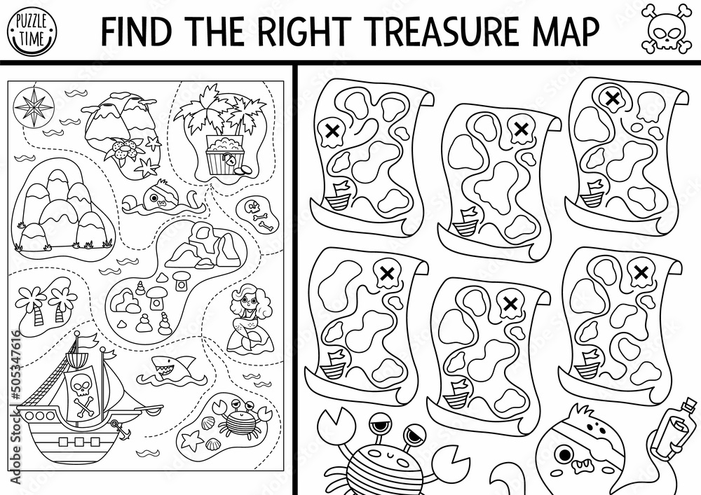 Find the right treasure map black and white treasure island matching activity for children sea adventures line educational quiz worksheet for kids printable coloring page vector