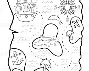 Personalized pirate treasure map coloring page birthday party favor colouring activity sheet personalized printable template