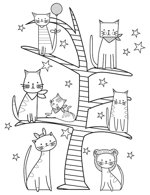 Printable cats on tree branches digital download cute cats coloring page animal lover