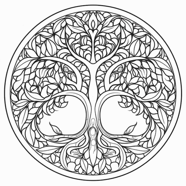 Premium ai image a coloring page of a tree with leaves and branches generative ai