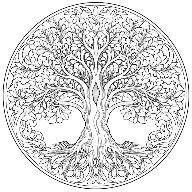 Premium ai image a coloring page of a tree with leaves and branches in a circle generative ai