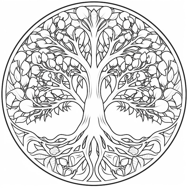 Premium ai image a coloring page with a tree of life in the middle generative ai