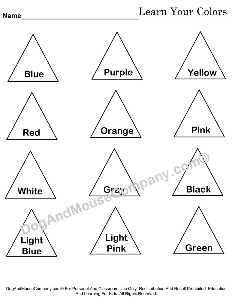 Learn your colors with triangles coloring page worksheet printable dig â dog and mouse pany